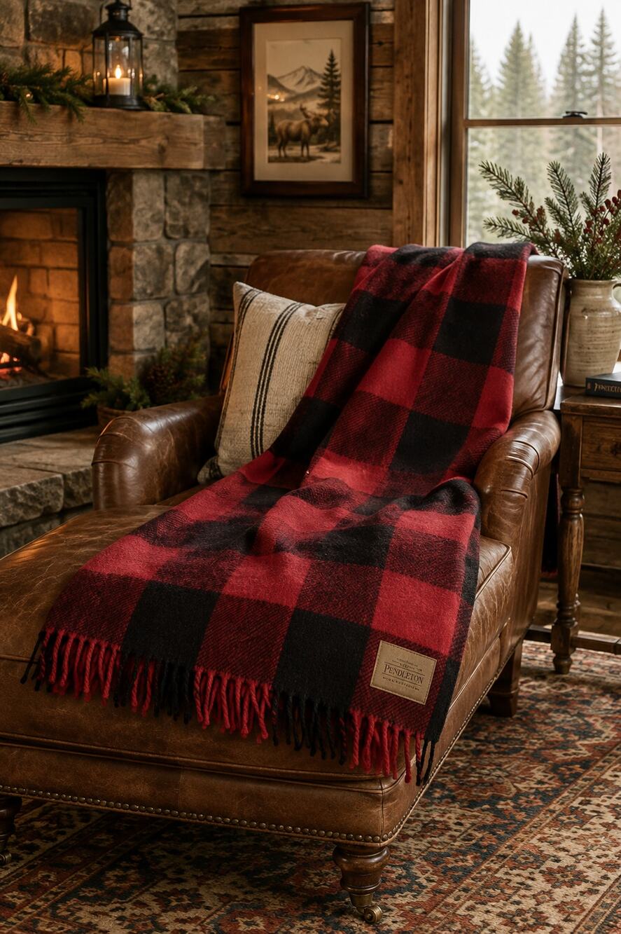 Pendleton Wool Blanket Red Black Buffalo Plaid Fringe Throw Cabin Lodge New